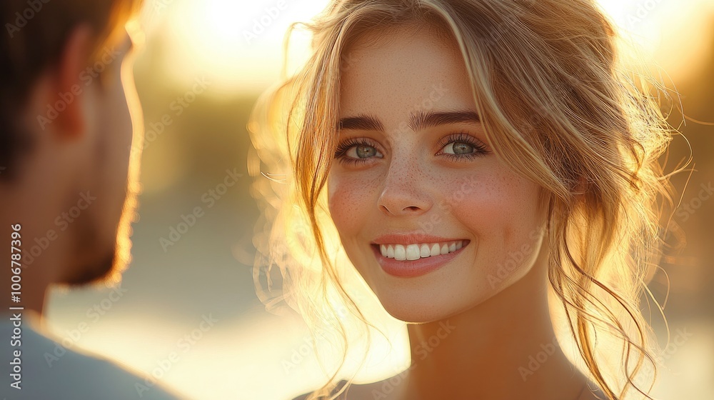 Woman with Freckles Smiling at Man in Golden Light Woman with Freckles Smiling at Man in Golden Light