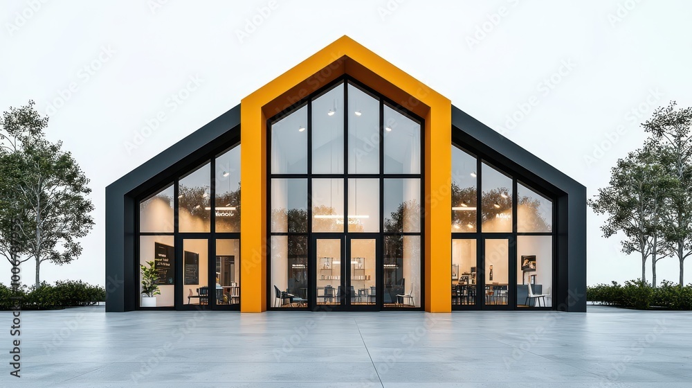 Geometric minimart exterior with sharp angles, bold shapes, and modern glass windows, Minimart, Geometric Design Geometric minimart exterior with sharp angles, bold shapes, and modern glass windows, Minimart, Geometric Design