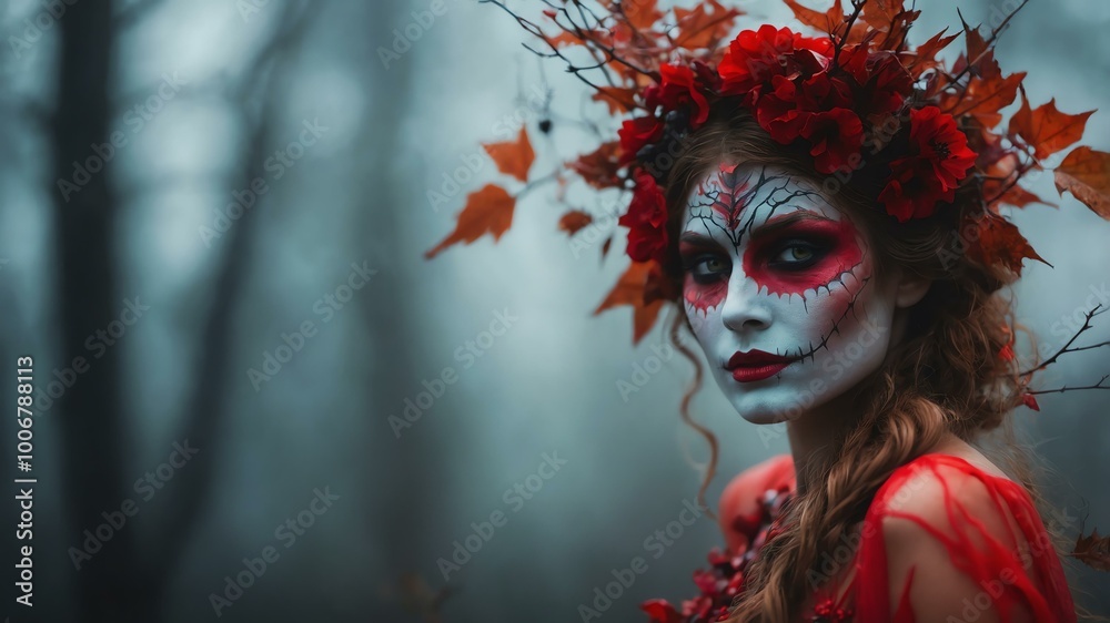 abstract eerie glowing red closeup of a Halloween dryad on misty background, bokeh background abstract eerie glowing red closeup of a Halloween dryad on misty background, bokeh background