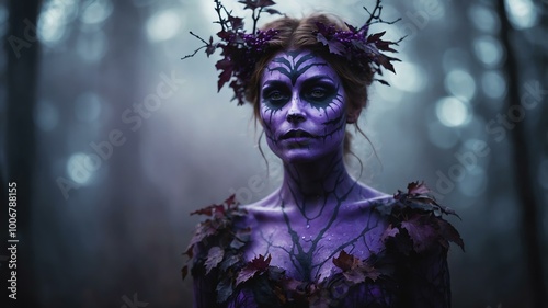 abstract eerie glowing purple closeup of a Halloween dryad on misty background, bokeh background