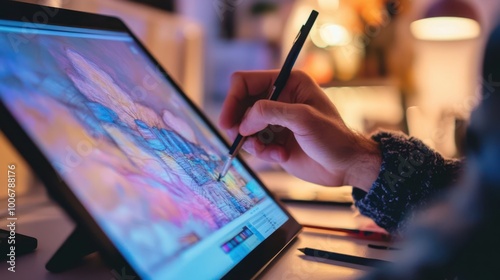 Artist using a tablet to create digital illustrations with a stylus photo