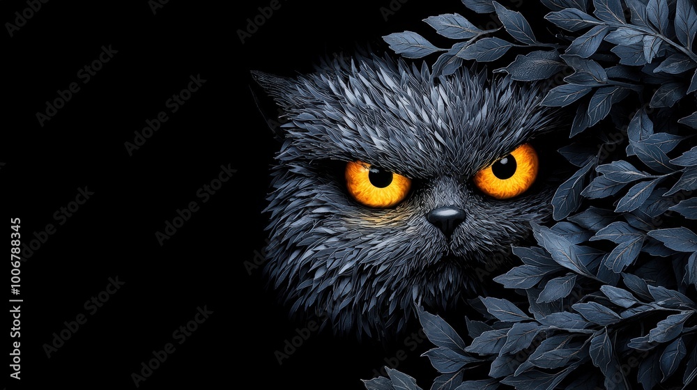 Fototapeta premium A distinctive black cat lurking among dark leaves, evoking mystery and intrigue.