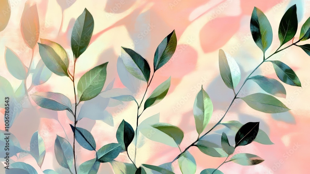 Organic Leaves Seamless Pattern in Digital Painting Style on Pastel Background with Cinematic Lighting and Three-Point Perspective Depth Organic Leaves Seamless Pattern in Digital Painting Style on Pastel Background with Cinematic Lighting and Three-Point Perspective Depth