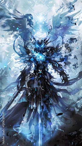 Epic 3D illustration of a frost knight with glowing blue aura, standing in a snowstorm amidst jagged mountains. Ice armor and cold energy radiate power. Wallpaper for PC Desktop