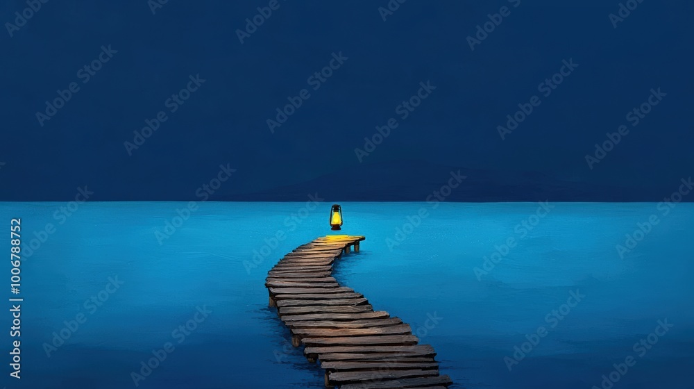 A serene pier extending into calm blue waters, illuminated by a lantern at dusk.