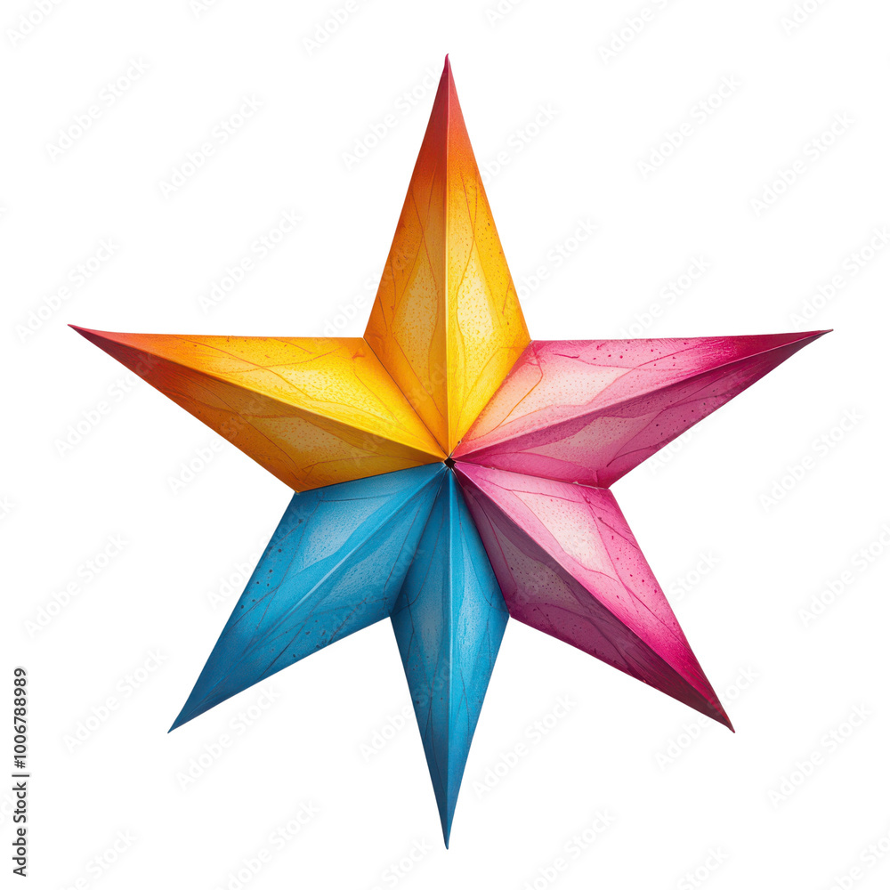 Obraz premium Colorful origami star with vibrant hues of pink, blue, yellow, and orange on a white isolated background.