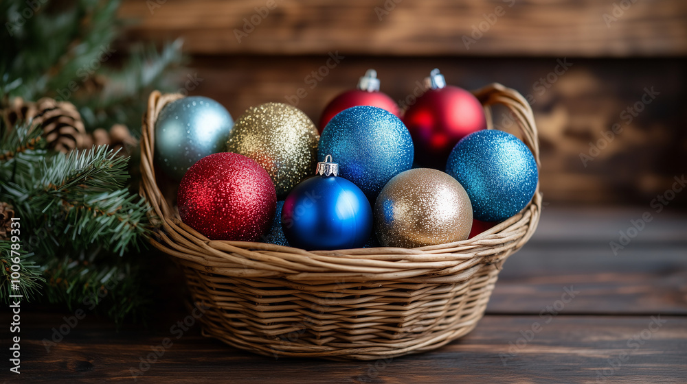 Wicker basket with Christmas balls on a wooden table. Wicker basket with Christmas balls on a wooden table.