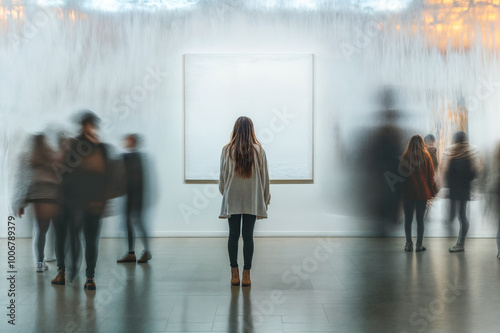 Femme debout devant un tableau blanc dans une galerie d'art