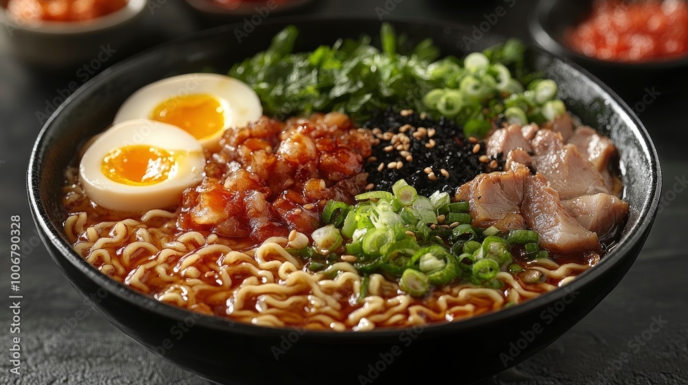Close-up of Delicious Ramen Noodles with Soft Boiled Egg, Pork, and Toppings Close-up of Delicious Ramen Noodles with Soft Boiled Egg, Pork, and Toppings