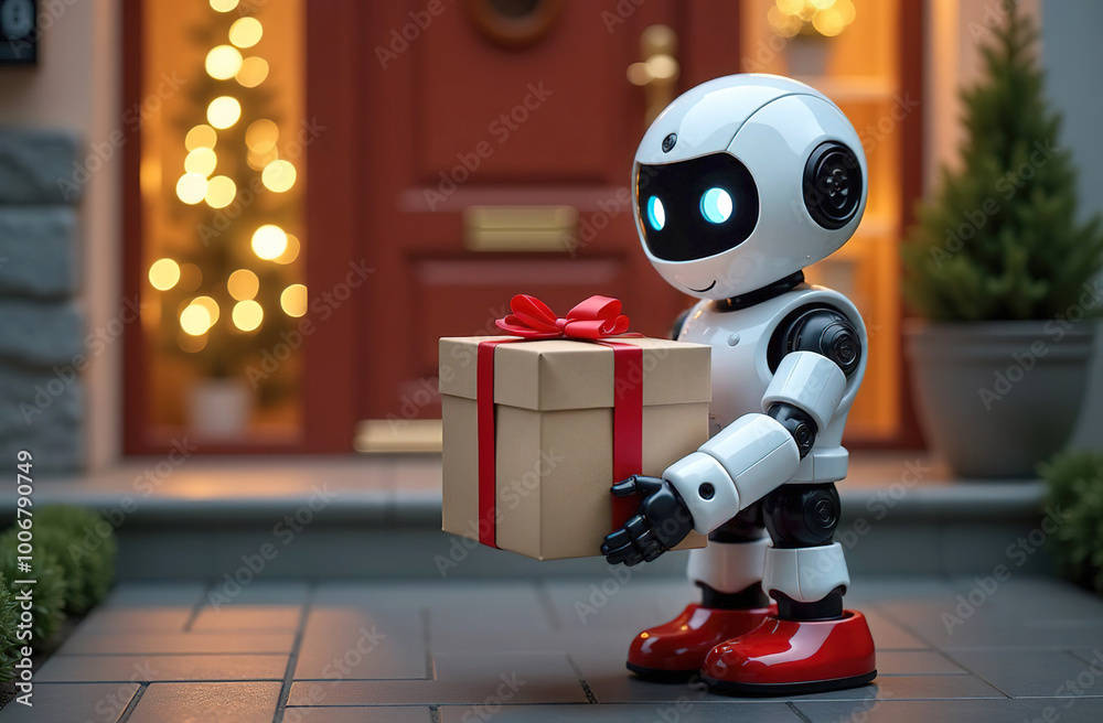 Robot courier in delivering gift boxes, New Year's gifts is standing in front of the front door of the house. Delivery service.