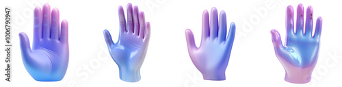 Four vibrant, gradient-colored hands displayed together, showcasing a blend of purple and blue hues. photo