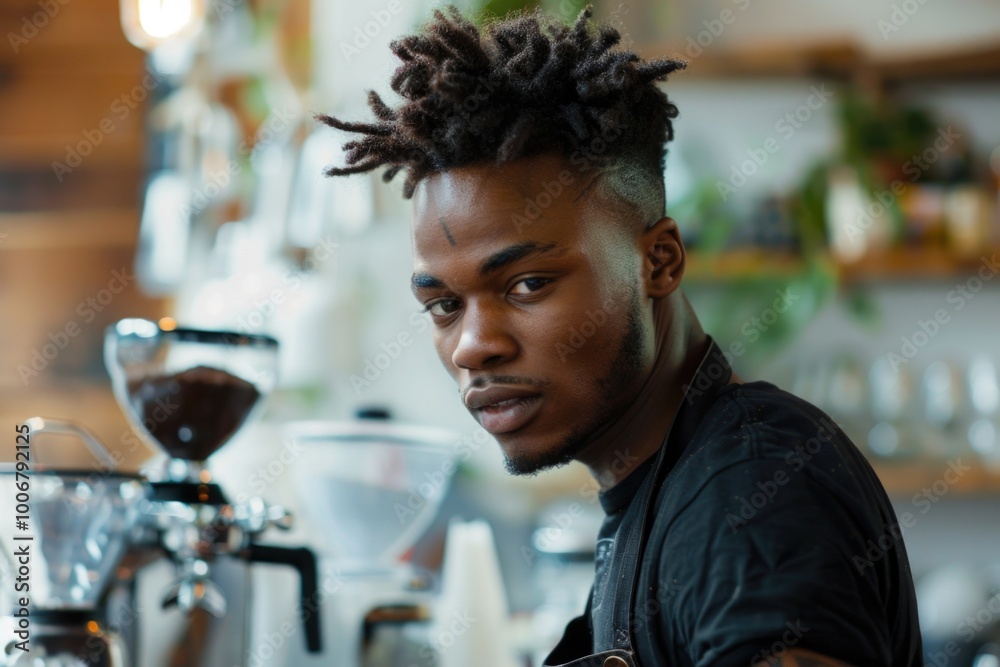 A person with dreadlocks sitting at a coffee machine, possibly enjoying a cup of coffee A person with dreadlocks sitting at a coffee machine, possibly enjoying a cup of coffee