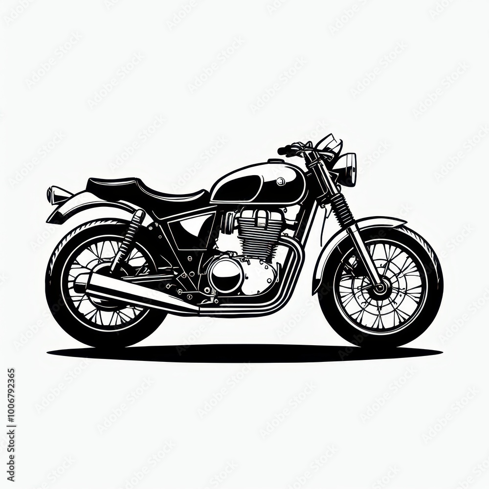 A black and white illustration of a classic motorcycle showcasing its sleek design.