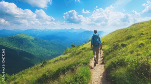 Person hiking on a mountain trail with a scenic view of nature