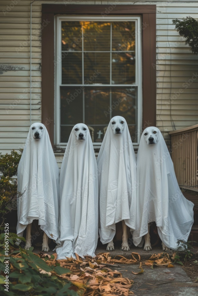 Three canine friends dressed as ghosts for a spooky celebration, perfect for Halloween decorations or party invitations Three canine friends dressed as ghosts for a spooky celebration, perfect for Halloween decorations or party invitations