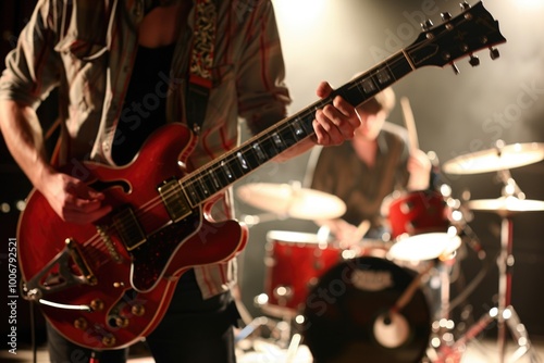 A musician performs live music with his bright red electric guitar on a concert stage