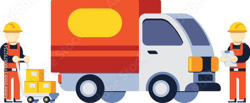 Storage workers load delivery truck. Production shipping color icon