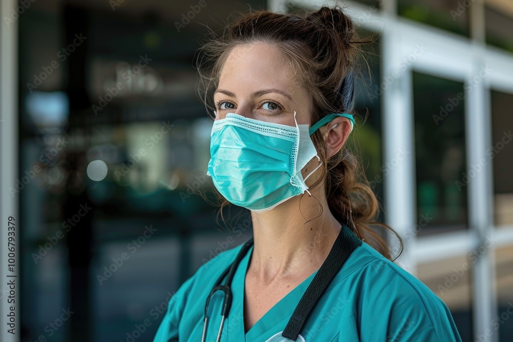 A woman wearing a surgical mask and a stethoscope, representing a medical professional A woman wearing a surgical mask and a stethoscope, representing a medical professional