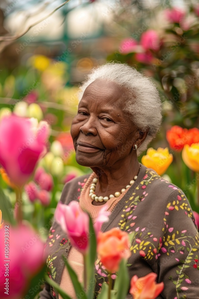 A mature woman surrounded by vibrant tulips, perfect for lifestyle or family photography A mature woman surrounded by vibrant tulips, perfect for lifestyle or family photography
