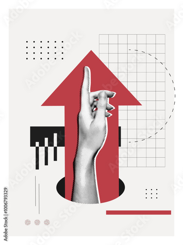 Trendy Halftone Collage Hand pointing finger and forward arrow. Business success and startup development. Social media marketing and promotion. Indicate direction. Contemporary art vector illustration