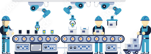 Factory conveyor belt. Workers on production line concept