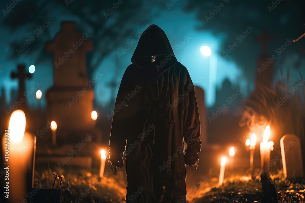 A person stands alone in a cemetery at night, with tombstones and darkness surrounding them A person stands alone in a cemetery at night, with tombstones and darkness surrounding them