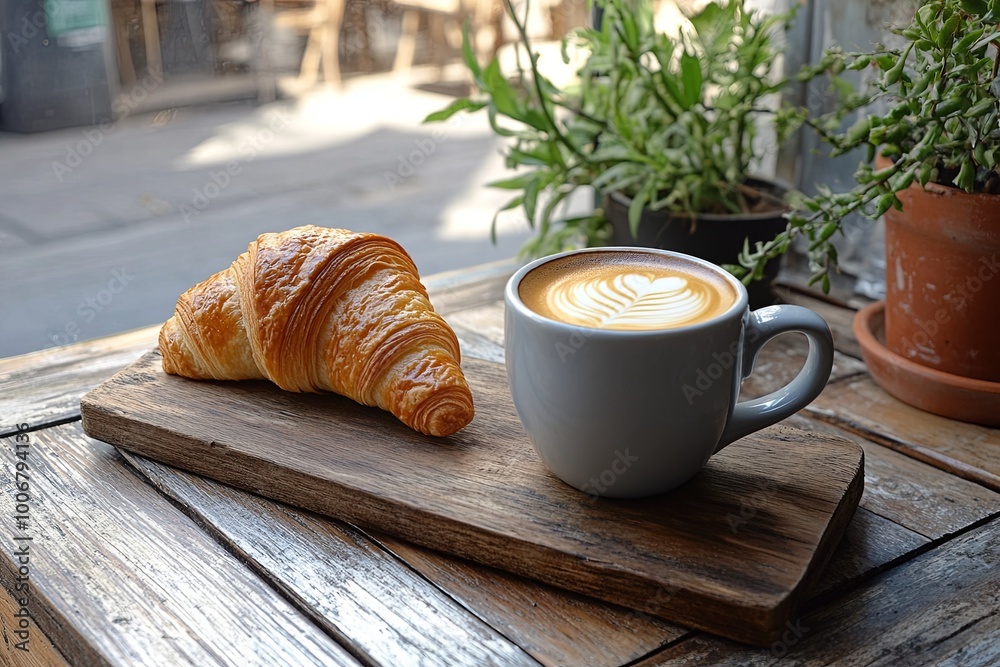 A cup of coffee with a croissant on a wooden board A cup of coffee with a croissant on a wooden board