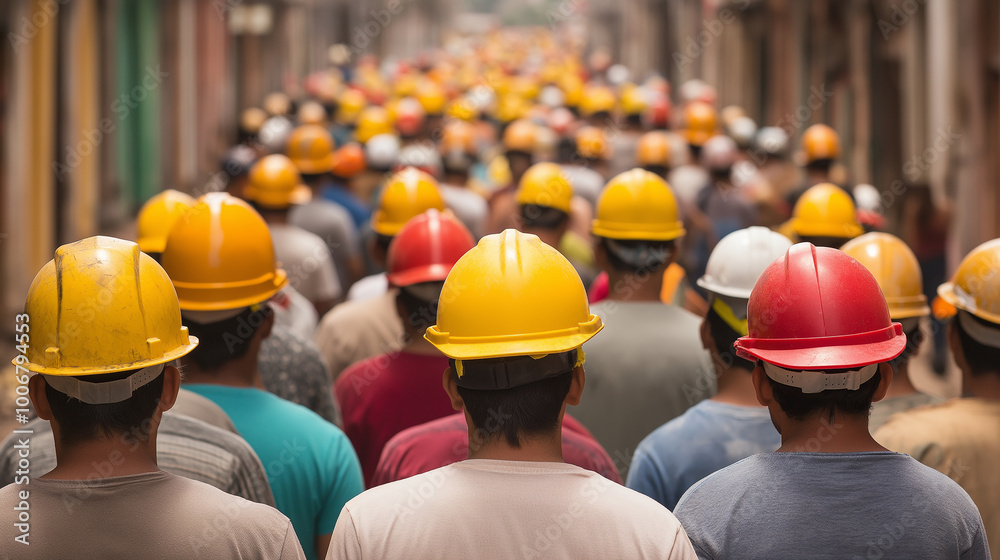 A community event where Hispanic workers in hardhats participate in a safety training workshop, emphasizing the importance of education in risk management