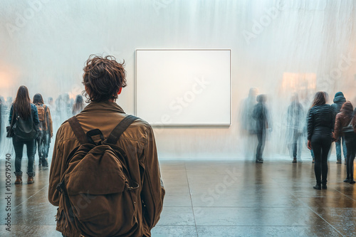 Homme de dos debout devant une toile blanche dans un musée