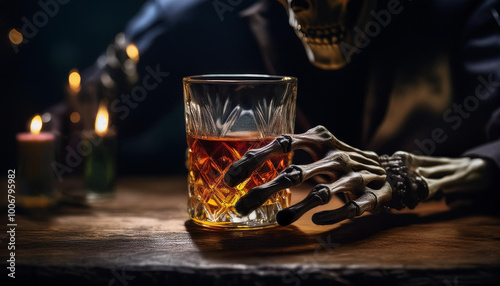 Creepy skeleton holding a drink; low lighting, Halloween concept