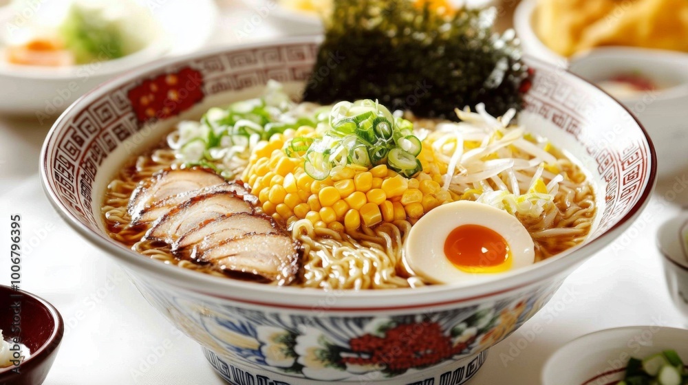 An artistic arrangement of ramen with various toppings, such as corn, bamboo shoots, and scallions, served in a traditional Japanese bowl, emphasizing the dish's visual appeal.