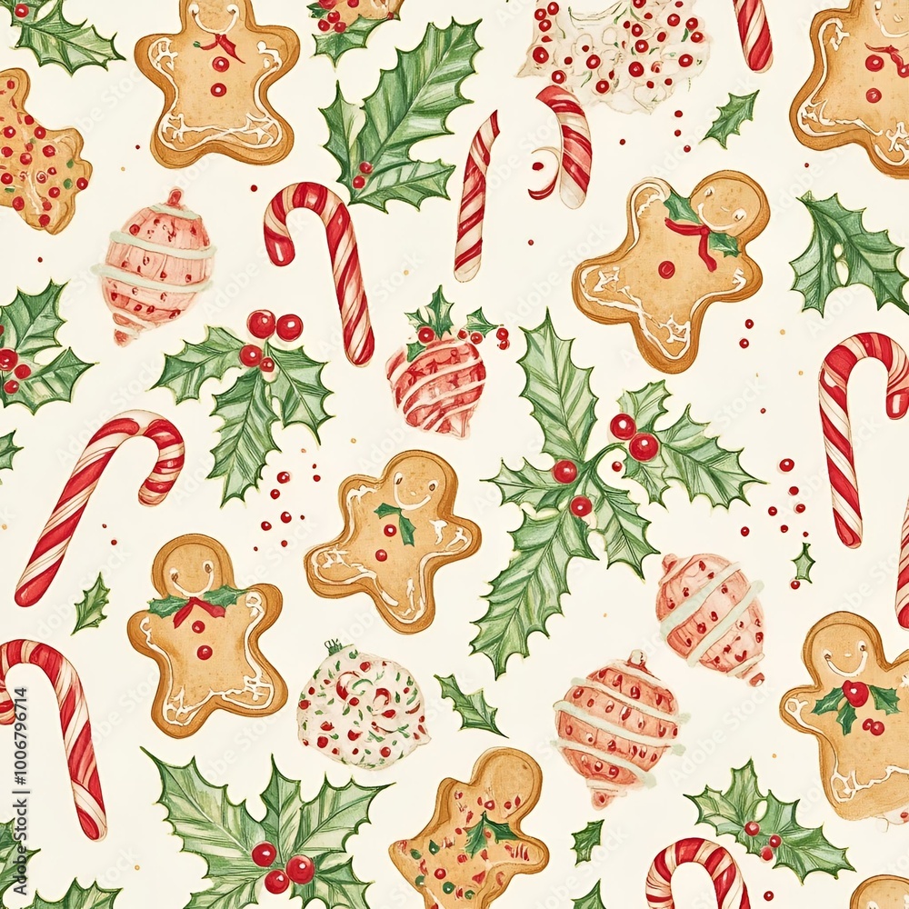 Fototapeta premium Festive Christmas Pattern with Candy Canes and Gingerbread Cookies on White Background.