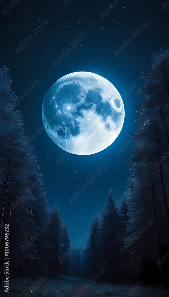 Full moon rising through winter forest under a clear night sky Full moon rising through winter forest under a clear night sky