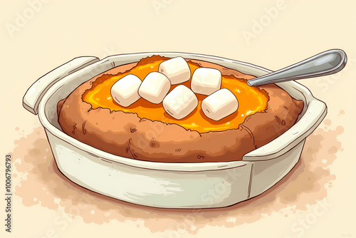 Illustrated sweet potato casserole with marshmallows