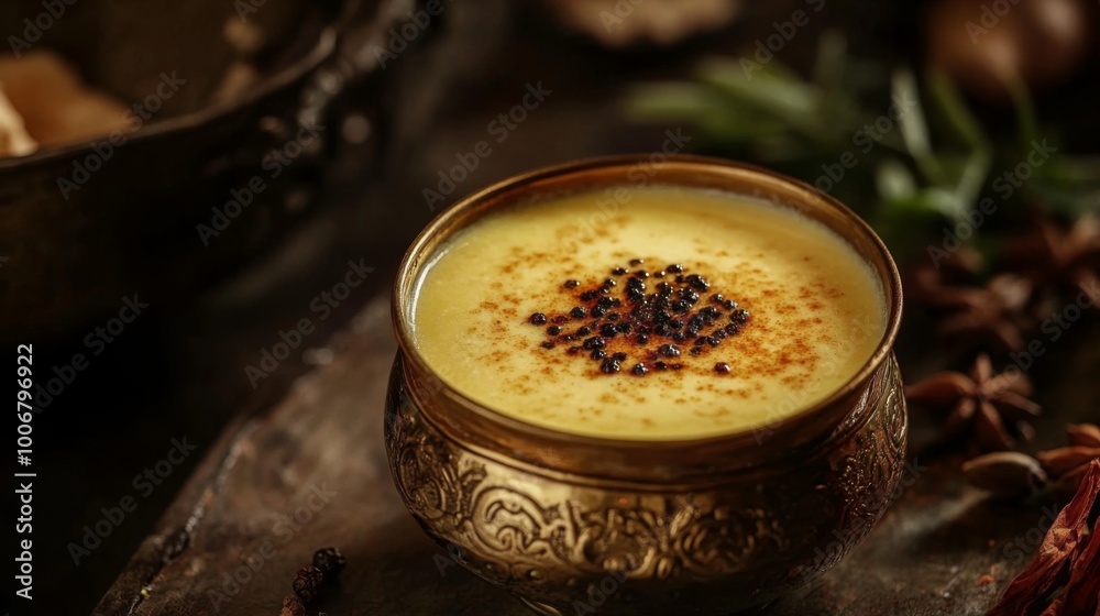 An artistic arrangement of rasam served in a traditional brass bowl, garnished with a drizzle of ghee and a sprinkle of black pepper, emphasizing its rich presentation. An artistic arrangement of rasam served in a traditional brass bowl, garnished with a drizzle of ghee and a sprinkle of black pepper, emphasizing its rich presentation.