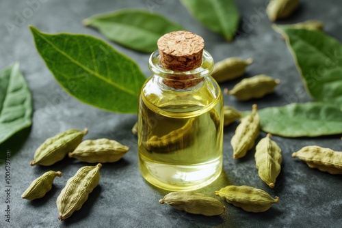 fresh cardamom pods and leaves surround a bottle of cardamom oil banner for natural beauty and wellness concept