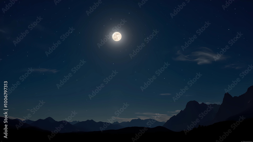 Full moon shining over mountain peaks at night Full moon shining over mountain peaks at night