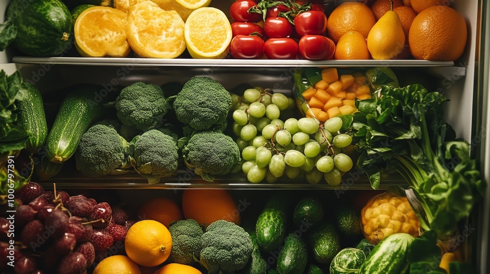 A neatly arranged selection of fresh vegetables and fruits in a refrigerator, promoting a healthy eating lifestyle and nutrition. A neatly arranged selection of fresh vegetables and fruits in a refrigerator, promoting a healthy eating lifestyle and nutrition.