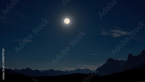 Full moon shining over mountain peaks at night