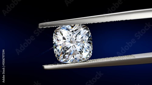 Crushed ice cushion cut diamond swaying slightly in tweezers. Close up seamless loop 3D animation on black and dark blue background.