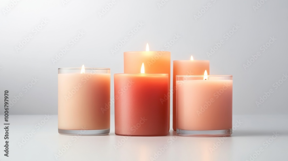 A group of candles in different sizes is artfully arranged in a loose circle. The warm glow of the flames creates a peaceful and calming atmosphere on a smooth white surface A group of candles in different sizes is artfully arranged in a loose circle. The warm glow of the flames creates a peaceful and calming atmosphere on a smooth white surface