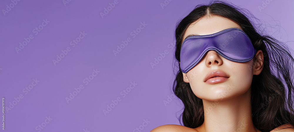 Beautiful woman with a sleep mask on a purple background with copy space for an advertising banner or poster design Beautiful woman with a sleep mask on a purple background with copy space for an advertising banner or poster design