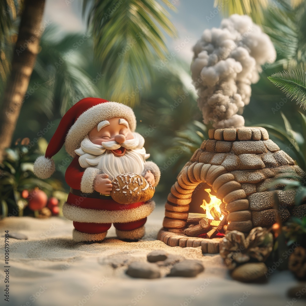 Fototapeta premium A cheerful Santa Claus joyfully holds a cookie by a cozy fire, surrounded by tropical greenery, capturing a festive holiday spirit.