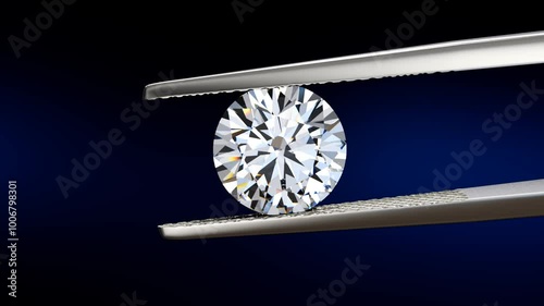 Round brilliant cut diamond swaying slightly in tweezers. Close up seamless loop 3D animation on black and dark blue background.