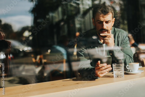 Toughtful man savoring coffee alone at a cozy cafe on a sunny day while lost in contemplation by the window photo