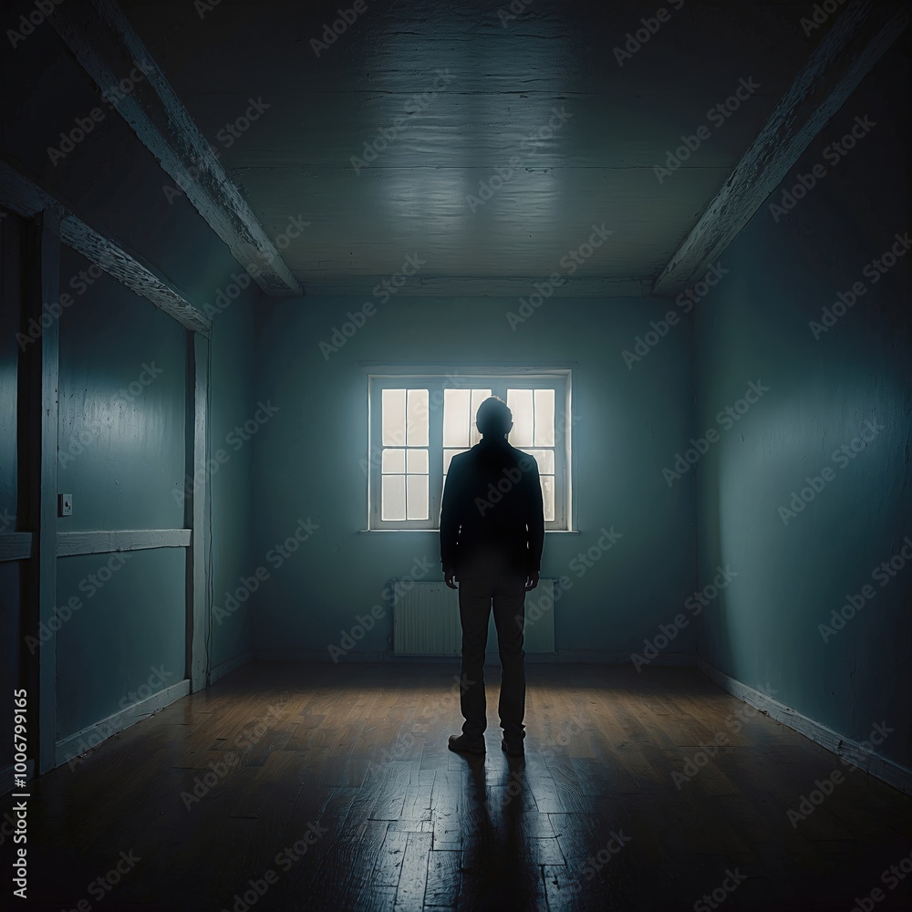 man standing alone in a dark room with a window man standing alone in a dark room with a window