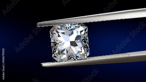 Square radiant cut diamond swaying slightly in tweezers. Close up seamless loop 3D animation on black and dark blue background.