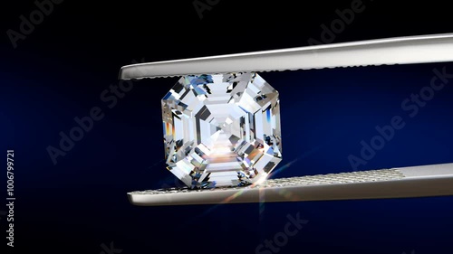 Asscher cut diamond swaying slightly in tweezers. Close up seamless loop 3D animation on black and dark blue background.