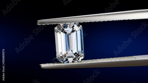 Emerald cut diamond swaying slightly in tweezers. Close up seamless loop 3D animation on black and dark blue background.