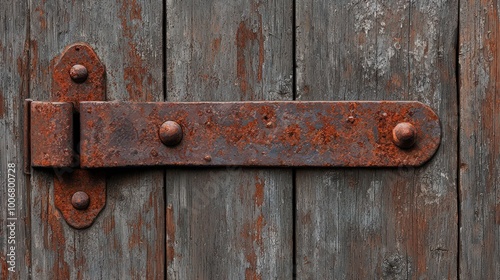 Rusty metal latch on weathered wooden door, close-up shot on rustic background.